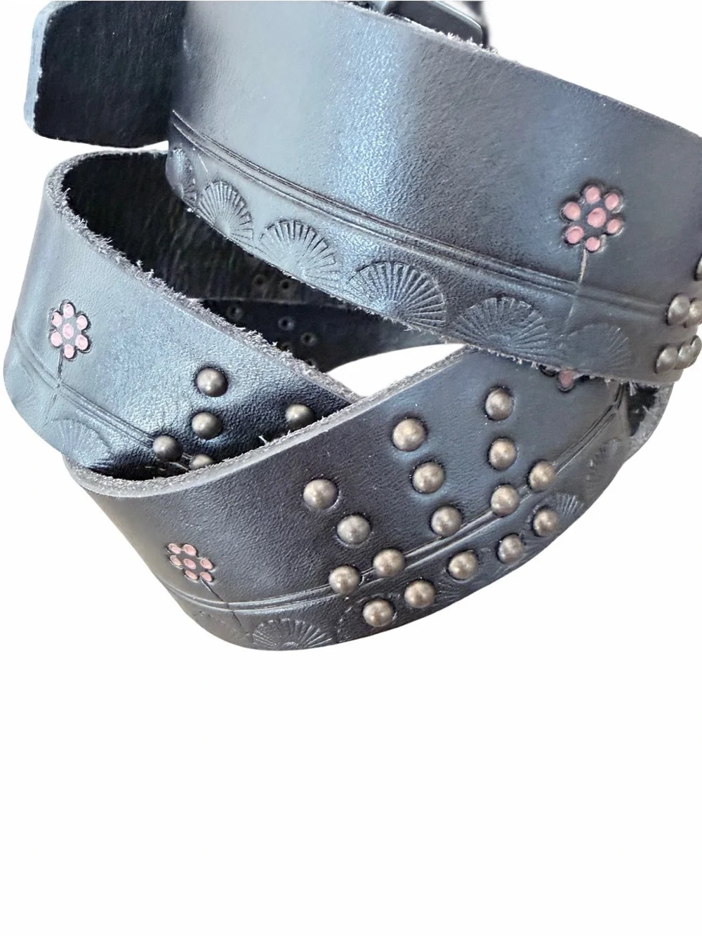 Lucky Brand NWTs Black Leather Floral Embossed Studded Belt size XL